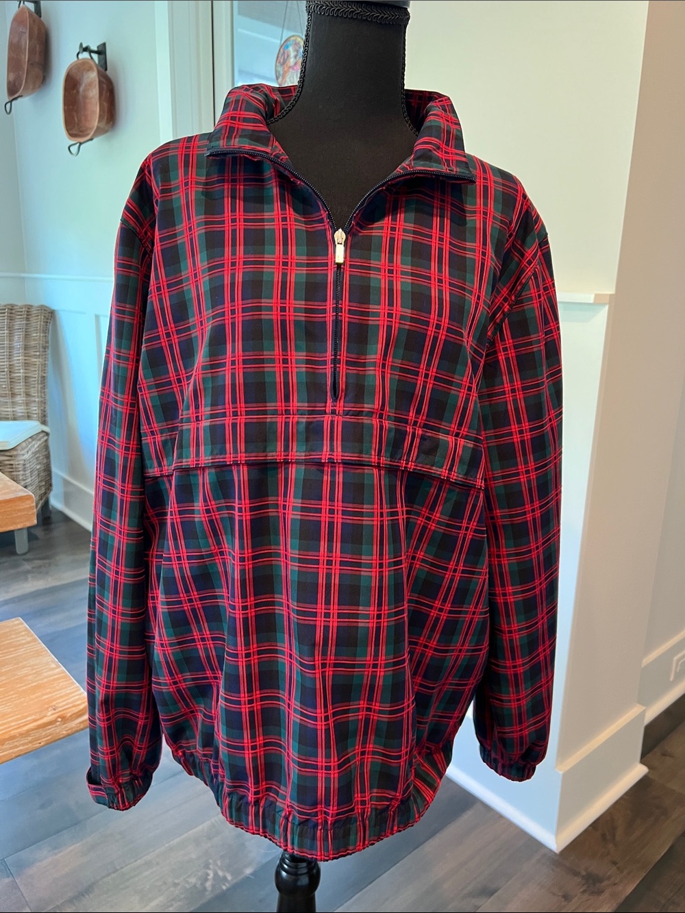 Pinhole Red, black, green, and navy Plaid Half-Zip Utility Jacket